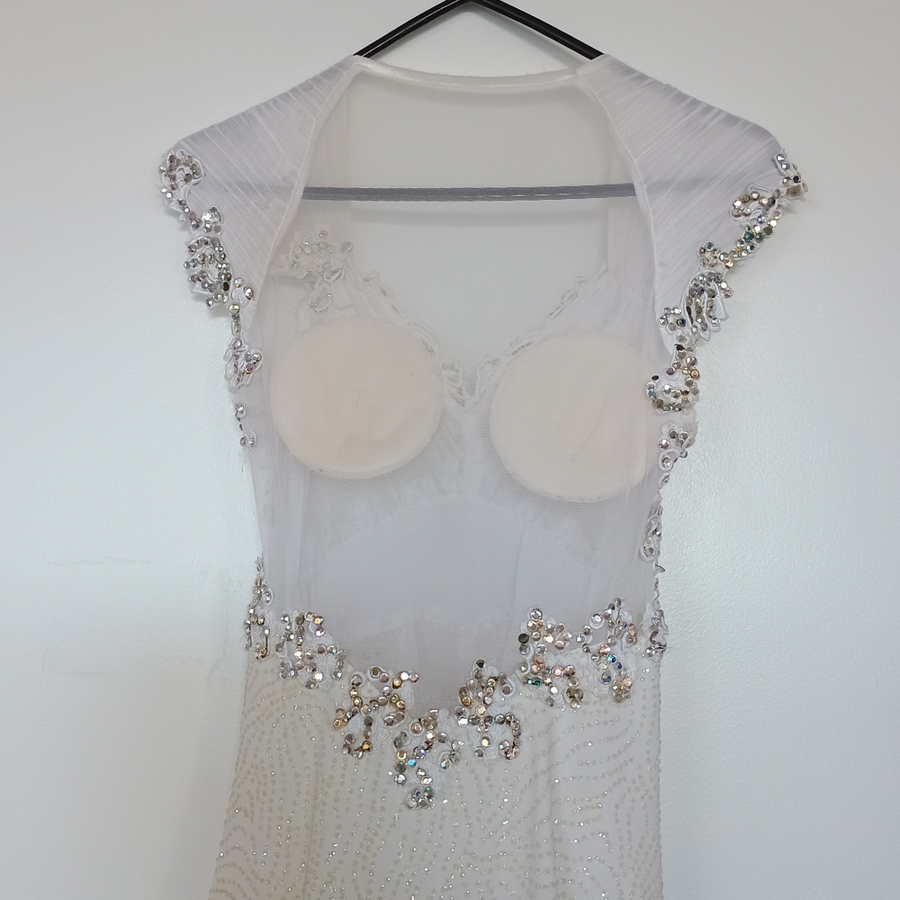 White Feathered International Ballroom Gown with Floaters - Picture 5 of 12
